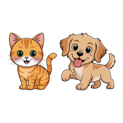 Kitten and puppy characters for kids birthday invitations, animal shelter adoption day session posters, classroom craft stickers, playful vector