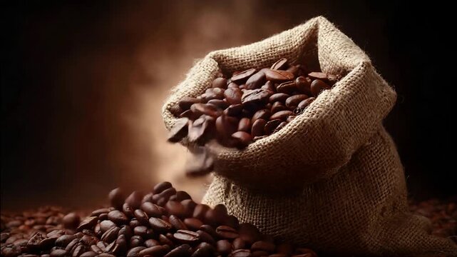 Fresh Roasted Coffee Beans Pouring from Rustic Burlap Sack against Dark Background.