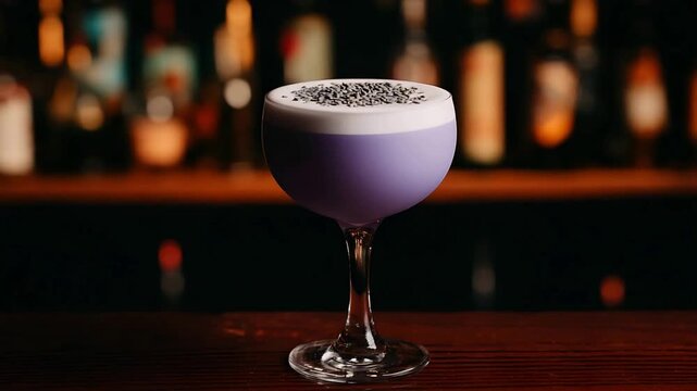 Elegant Lavender Cocktail with Frothy Topping and Black Sesame Seeds at a Bar.