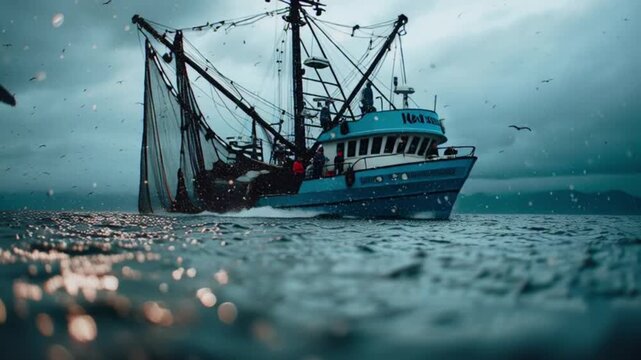 a fishing boat in the sea of turkey. Flying over a Commercial Fishing Ship that Pulls Trawl Net. Shot on Camera in 4K (UHD).