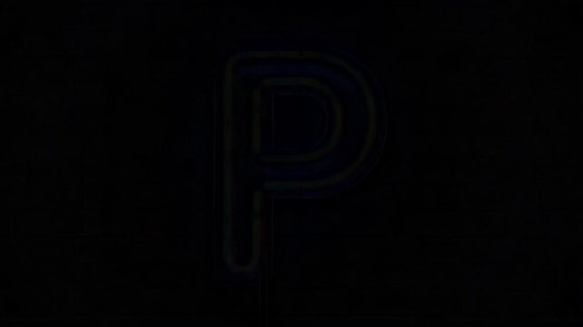 Blue neon letter P glowing on a dark brick wall background, vintage sign
