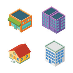 Property buildings vector set with storefront, residential house, apartment block, office tower, estate fair poster, construction expo, city map icons © RA Studio