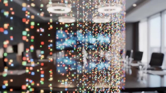 Abstract modern office interior with vibrant string lights creating a dynamic and artistic backdrop for collaboration and innovation