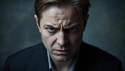 Fototapeta premium Angry man portrait closeup furrowed brow intense glare