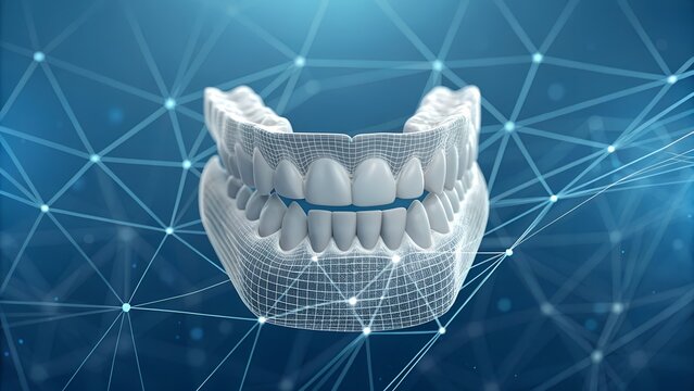 Digital wireframe of human jaw with glowing teeth and tech overlay &ndash; Dental innovation, 3D imaging, oral anatomy, medical technology, futuristic healthcare, computer-aided dentistry