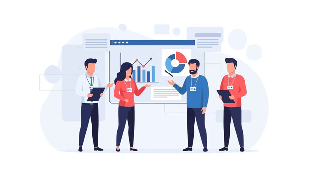 Business team presenting statistics and charts on a screen, modern flat illustration