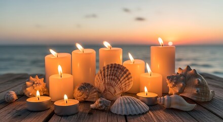Candles and Seashells on Wooden Surface at Sunset.