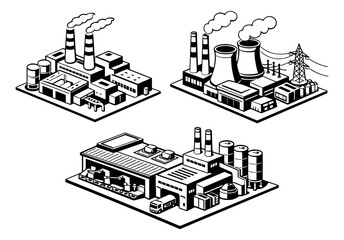 Obraz premium Isometric line art industrial factory set featuring various production and energy generation facilities for business and infrastructure projects