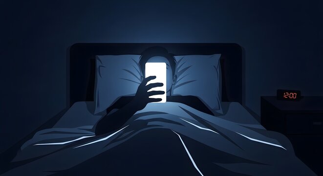 Digital Vigil: A person lies awake in bed, illuminated by the cold glow of a phone screen in the darkness, underscoring modern struggles with technology addiction and sleep disruption.