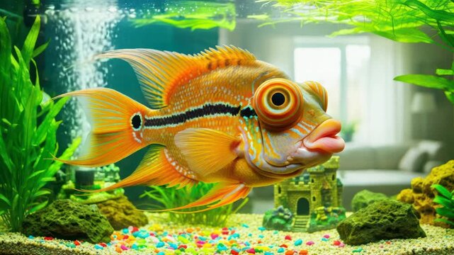 Exotic Orange Cichlid Fish Swimming in a Vibrant Aquarium with Green Plants and Colorful Gravel