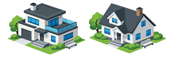 Fototapeta premium Isometric houses set featuring a modern and a classic suburban home with gardens and benches for real estate and property concepts