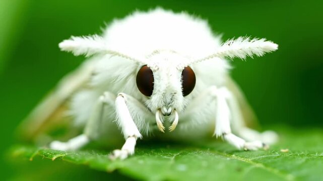 White moth with large eyes on a green leaf.