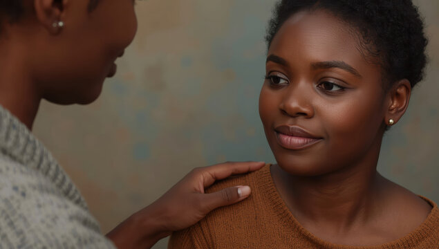 Supportive woman receiving gentle reassuring touch with calm expression
