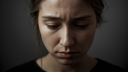 Fototapeta premium Sad young woman portrait with furrowed brow and downcast gaze expressing isolation