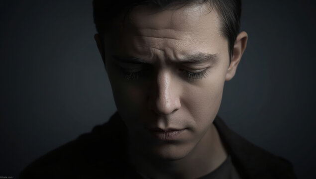Young man with downcast expression in moody studio lighting