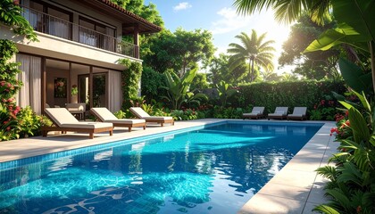 Fototapeta premium Luxury Poolside Resort Scene Featuring Blue Swimming Pool, Lounge Chairs, and Tropical Greenery