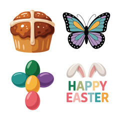 Fototapeta premium Easter cake and butterfly with egg flower badge and happy easter text, holiday vector for party flyer, greeting card design