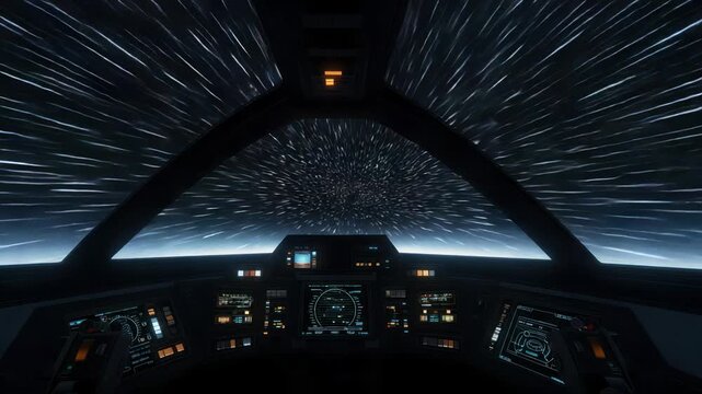 Futuristic spaceship cockpit interior, warp speed travel through starfield, digital displays