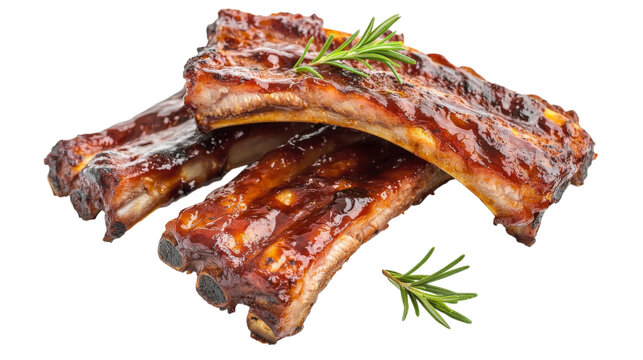 Three ribs with a sauce on top and a bunch of rosemary on the bottom