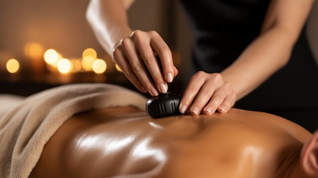Serene Stone Massage: Experience the tranquility of a spa treatment as a masseuse delicately places smooth, heated stones on a person's back, promoting deep relaxation and therapeutic benefits.