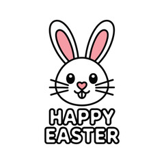 Obraz premium Happy Easter bunny head badge with friendly smile, cute holiday lettering icon for greeting cards, posters, spring celebration graphics