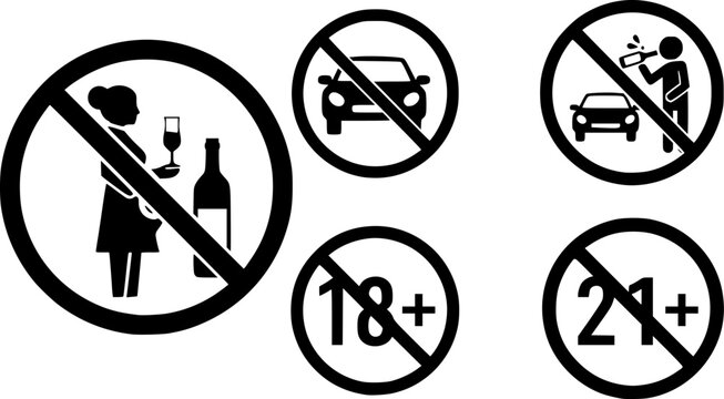 Prohibited actions warning signs pregnancy alcohol driving age restrictions 18 plus 21 vector
