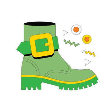 Green leprechaun boot with buckle, St Patricks parade costume graphic, step dance session, footwear props, kids dress up corner signage