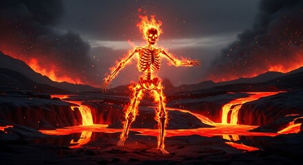 Fiery Skeleton Standing Amidst Lava Flows in a Volcanic Landscape.