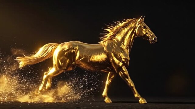 Majestic golden horse galloping with power and grace against a dark background.