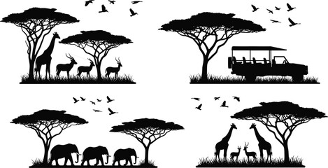 African safari silhouette set with acacia trees elephants giraffes antelopes birds and off road vehicle isolated on white background for travel and nature design © Ponkaj Creatives