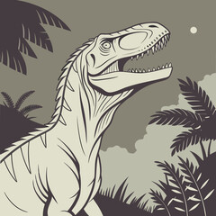 Realistic predator dinosaur looking upward monochrome