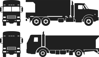 Dump truck silhouette vector icons set showing front and side views for construction transport illustration heavy duty industrial vehicles collection © rakib's world