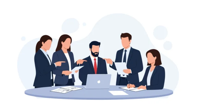 Diverse business team collaborating around a table with laptop and documents