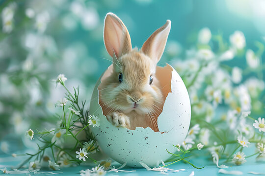  Easter cute concept with baby bunny peeking out of broken green egg shell against blurred spring white flowers background