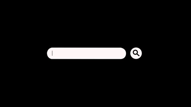 Blinking cursor in a clean white search bar animation with a magnifying glass icon on a black background, web search, online browsing, user interface, or data query