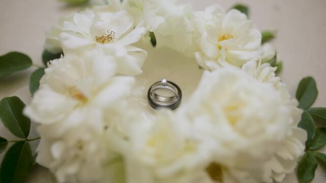 Close-up macro shot of wedding bands placed inside a bridal bouquet of blooming white roses
