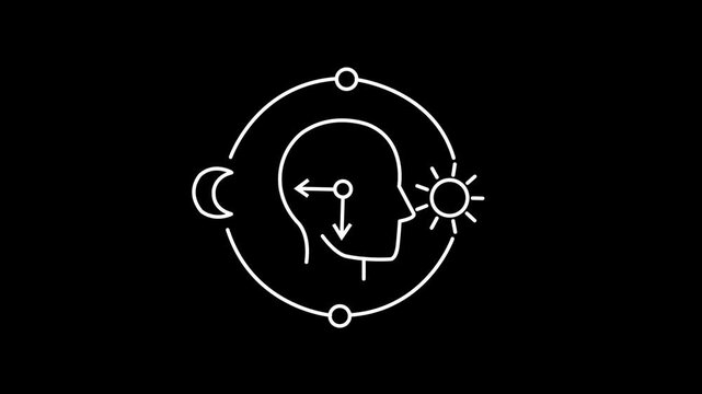 Line animation of a human head with a clock inside, orbited by sun and moon symbols on black background, circadian rhythm, sleep, mental health, or routine