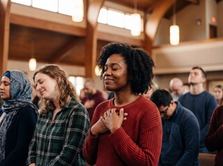 Fototapeta premium Diverse group of people praying with eyes closed inside a modern church sanctuary during worship