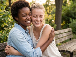 Fototapeta premium Happy diverse female friends hugging with eyes closed sitting on a park bench outdoors
