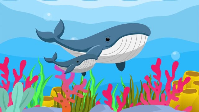 whale and her calf swimming in the sea. Sea Animal concept. Full length animation illustration. High quality&nbsp;4k&nbsp;footage