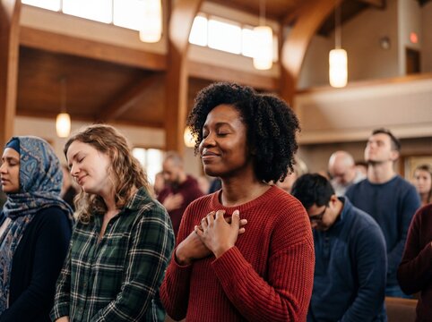 Diverse group of people praying with eyes closed inside a modern church sanctuary during worship