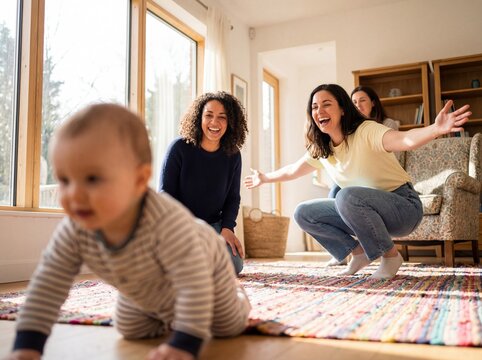 Three happy mothers cheering and encouraging a crawling baby on a rug in a sunny living room