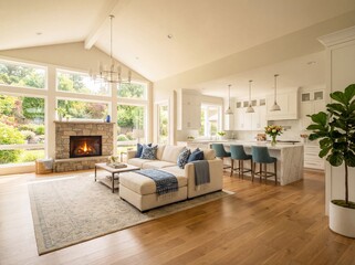 Naklejka premium Luxurious open plan living room with stone fireplace white kitchen and large windows overlooking garden