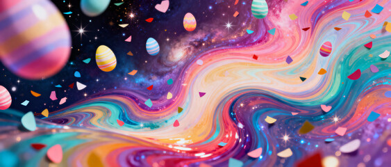 Swirls and confetti and Eastereggs, in pastel colors. Background for Easter.