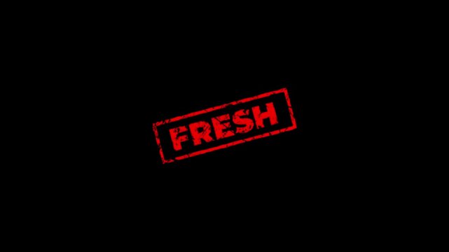 Animated Vibrant Red grunge rubber stamp with Fresh text, isolated on transparent background.Rubber, seal, red, vintage effect, textured, motion graphics for video content and web.