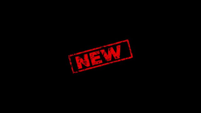 Animated Vibrant Red grunge rubber stamp with New text, isolated on transparent background.Rubber, seal, red, vintage effect, textured, motion graphics for video content and web.