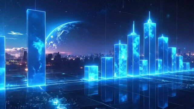 Futuristic cityscape with glowing bar graph and planet in the background, representing data analysis.