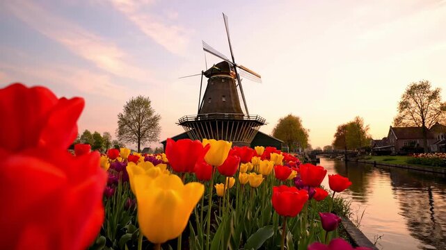 Traditional dutch windmill and colorful tulips by a canal at sunset