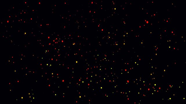 Fiery orange bonfire dust particles animation on black background. Flowing fire ashes in the dark night. Fire particles flying- Sparks particle dust inferno fire explosion with realistic movement.