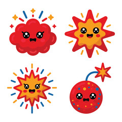 Cute explosion characters with fireworks sparks, comic festival poster element, special effects demo session, kids science zone, safety talk